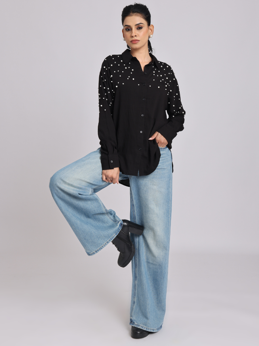 Black Oversized Pearl & Diamond Embellished Shirt