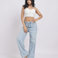 Light Blue Pearl-Embellished Wide-Leg Denim Jeans