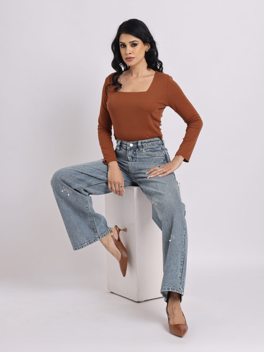 Vintage Blue Pearl Bow Straight-Fit Denim Jeans