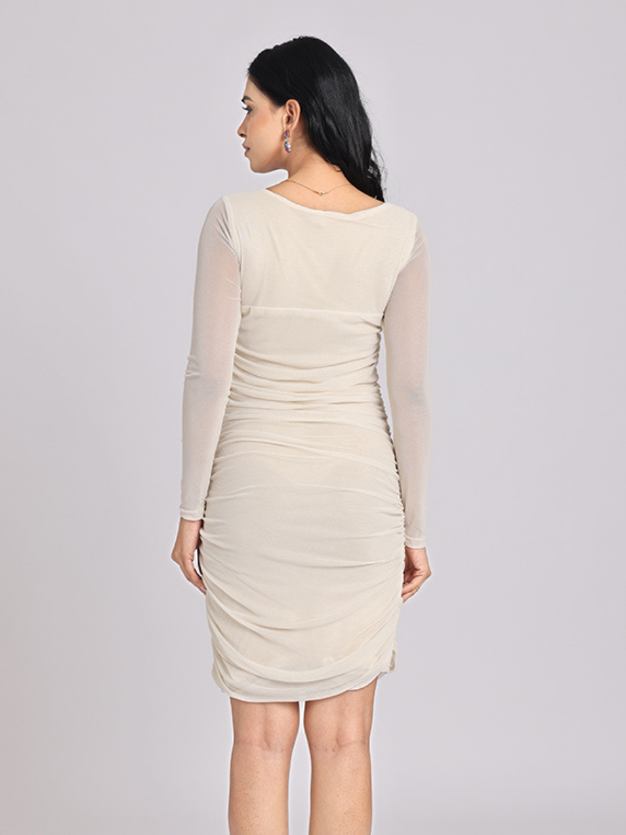 Ivory Ruched Mesh-Sleeve Bodycon Mini Dress – NATICA