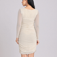 Ivory Ruched Mesh-Sleeve Bodycon Mini Dress