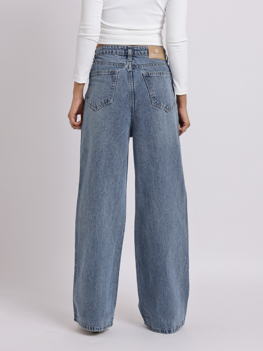 Vintage Light Blue Pearl Bow Straight-Fit Denim Jeans