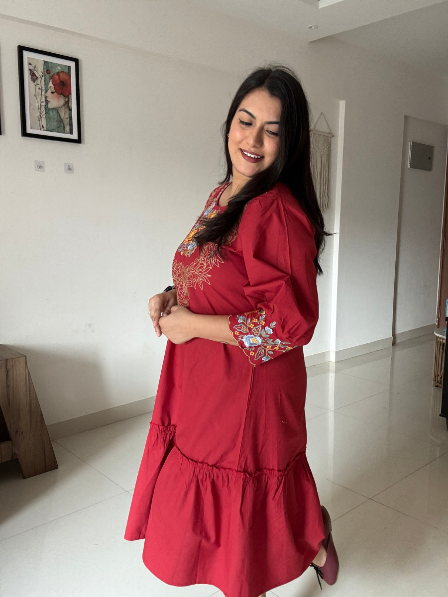 Red Embroidered Cotton Dress