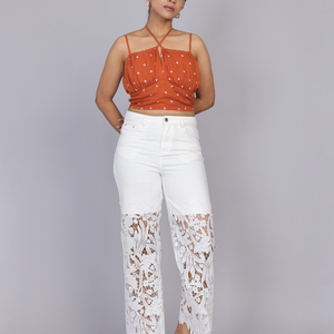 Floral Lace Applique Wide-Leg Jeans