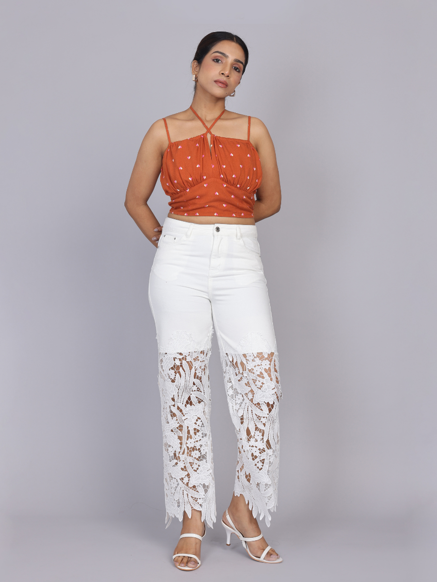 Floral Lace Applique Wide-Leg Jeans