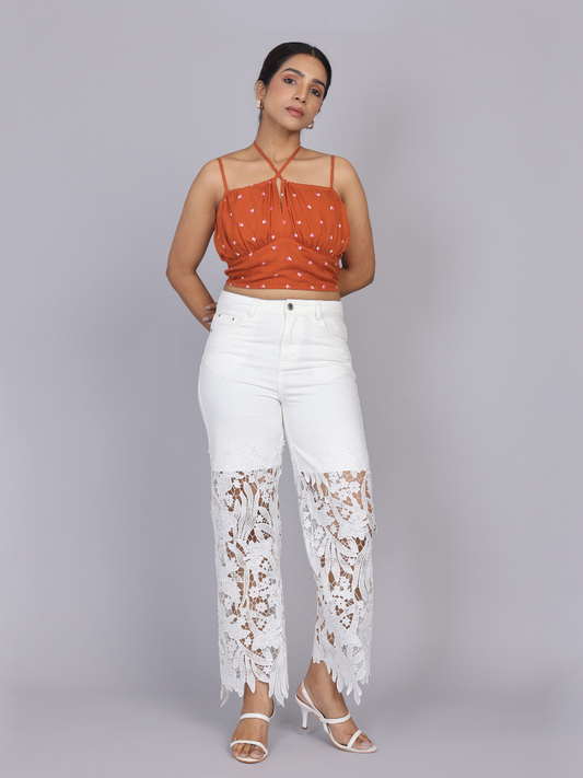 Floral Lace Applique Wide-Leg Jeans