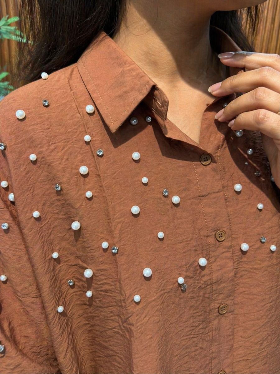 Brown Fit Pearl & Diamond-Embellished Shirt
