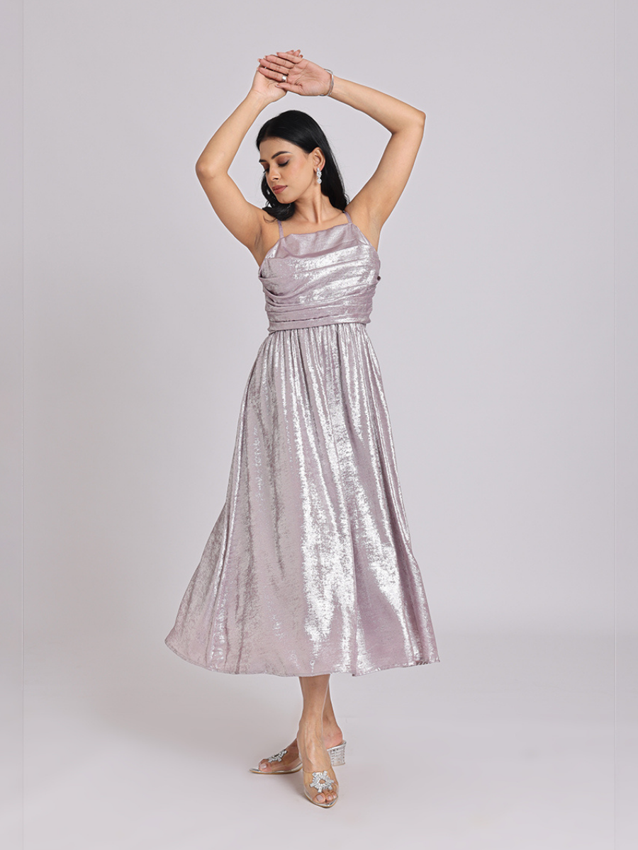 Metallic Lavender Back-Bow Midi Dress