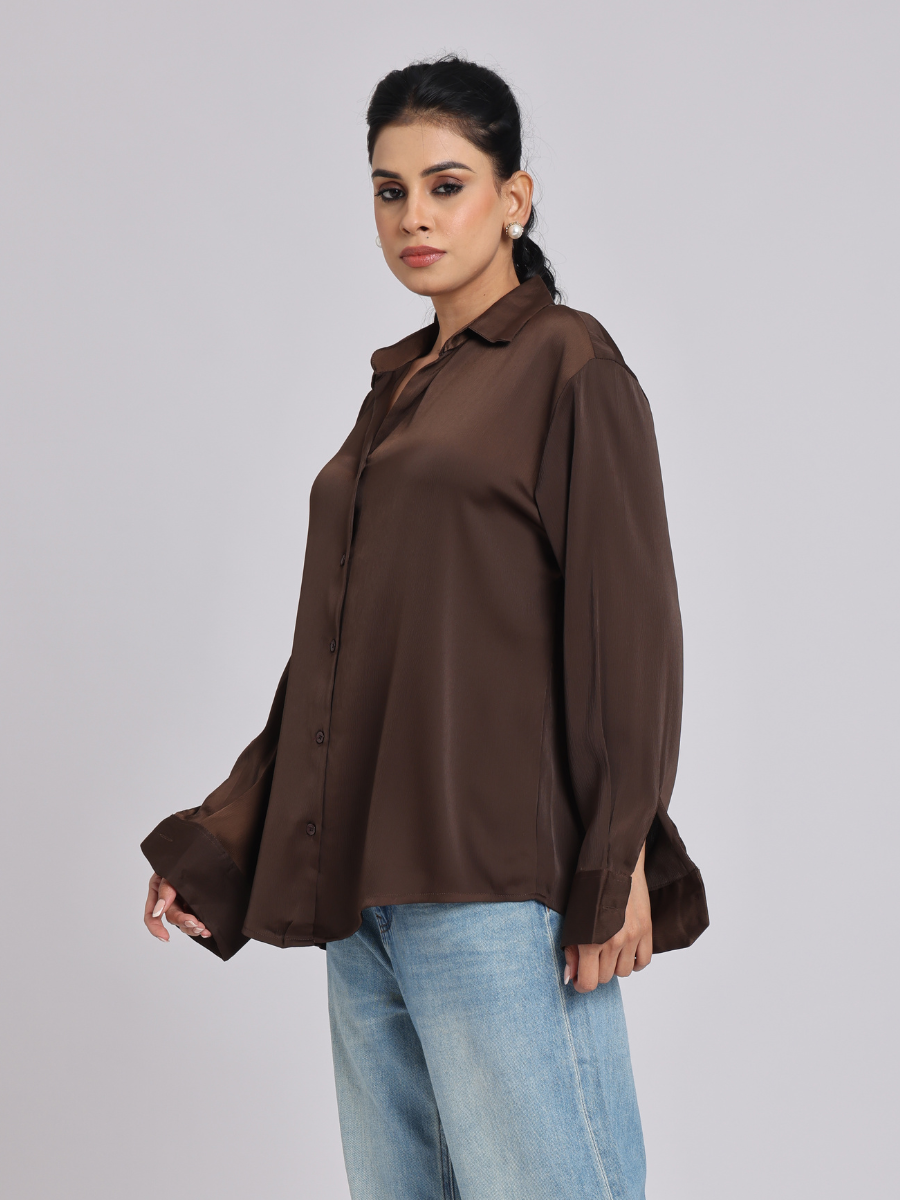 Rich Mocha Satin Long-Sleeve Shirt