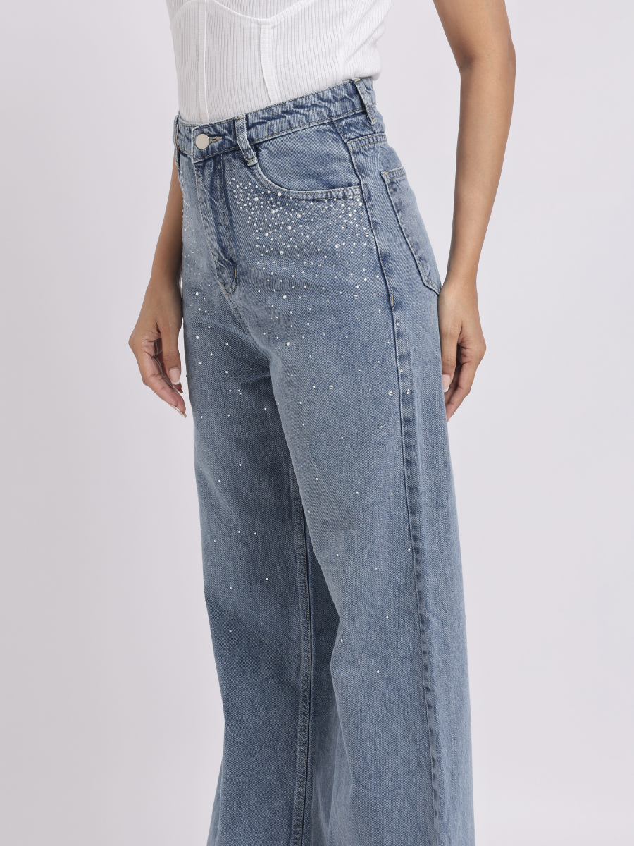 Blue Rhinestone-Embellished Wide-Leg Denim Jeans