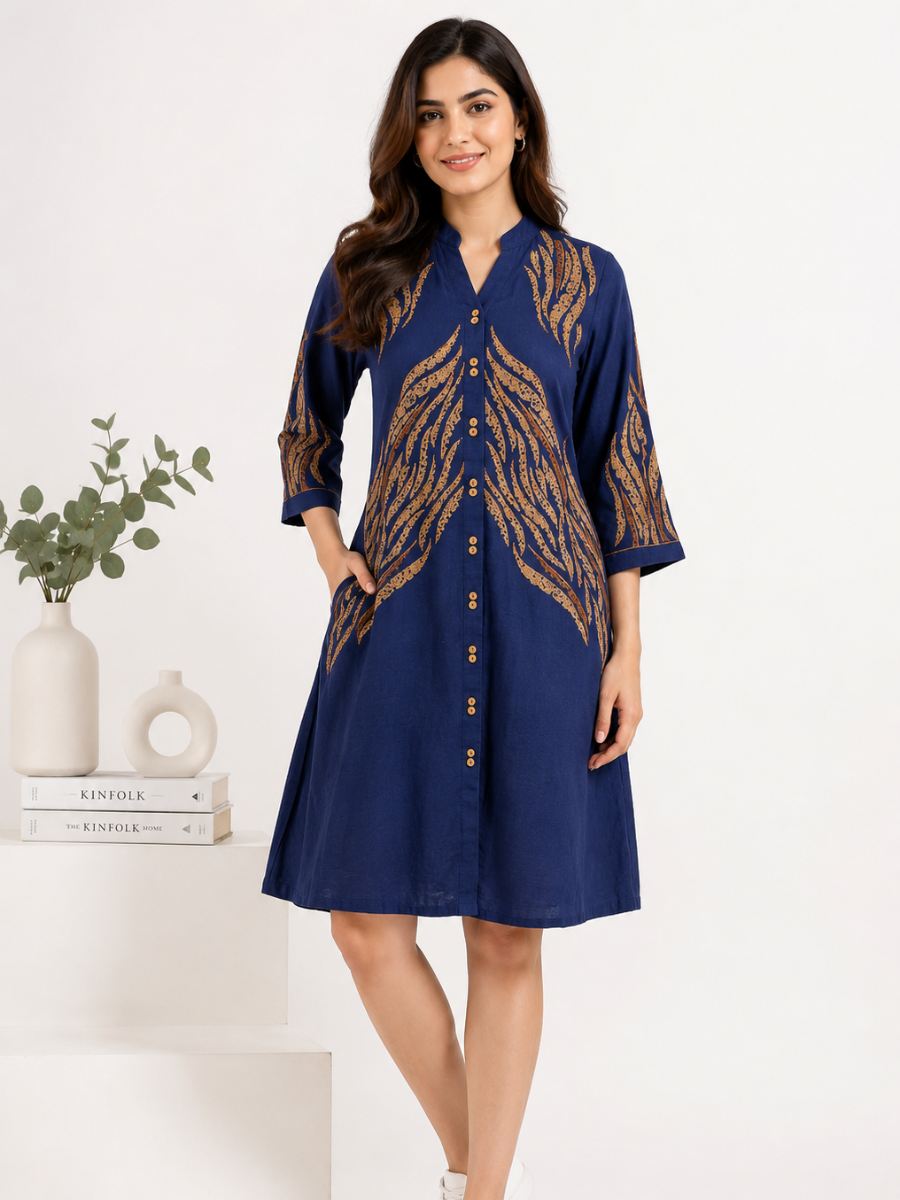 Midnight Fern Embroidered Shirt Dress