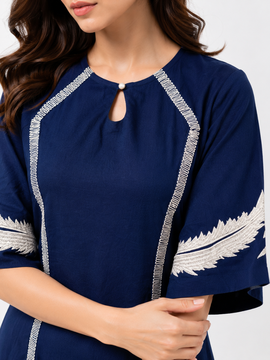 Midnight Blue Embroidered Flared Dress
