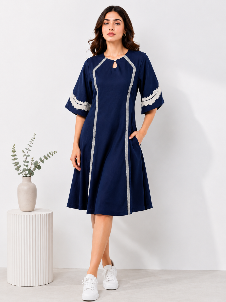 Midnight Blue Embroidered Flared Dress