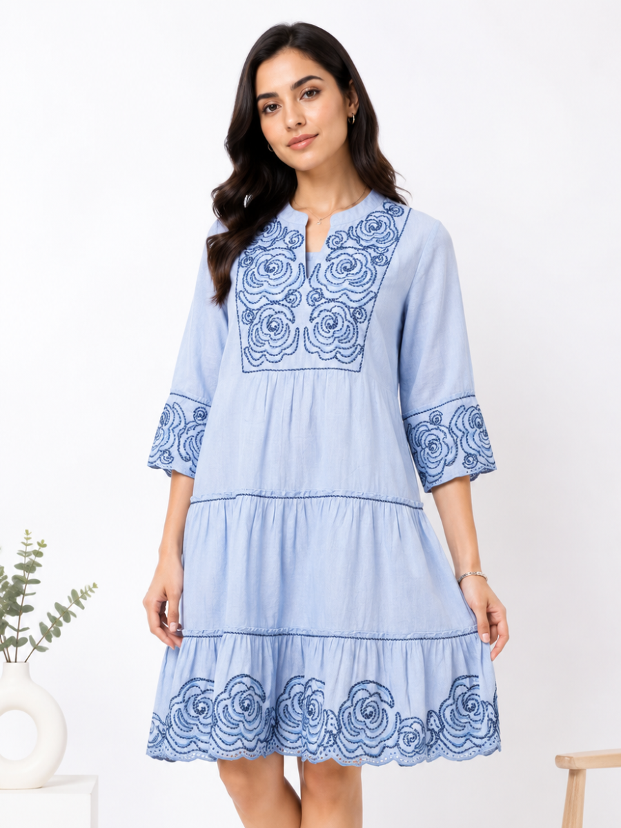 Sky Bloom Embroidered Cotton Dress