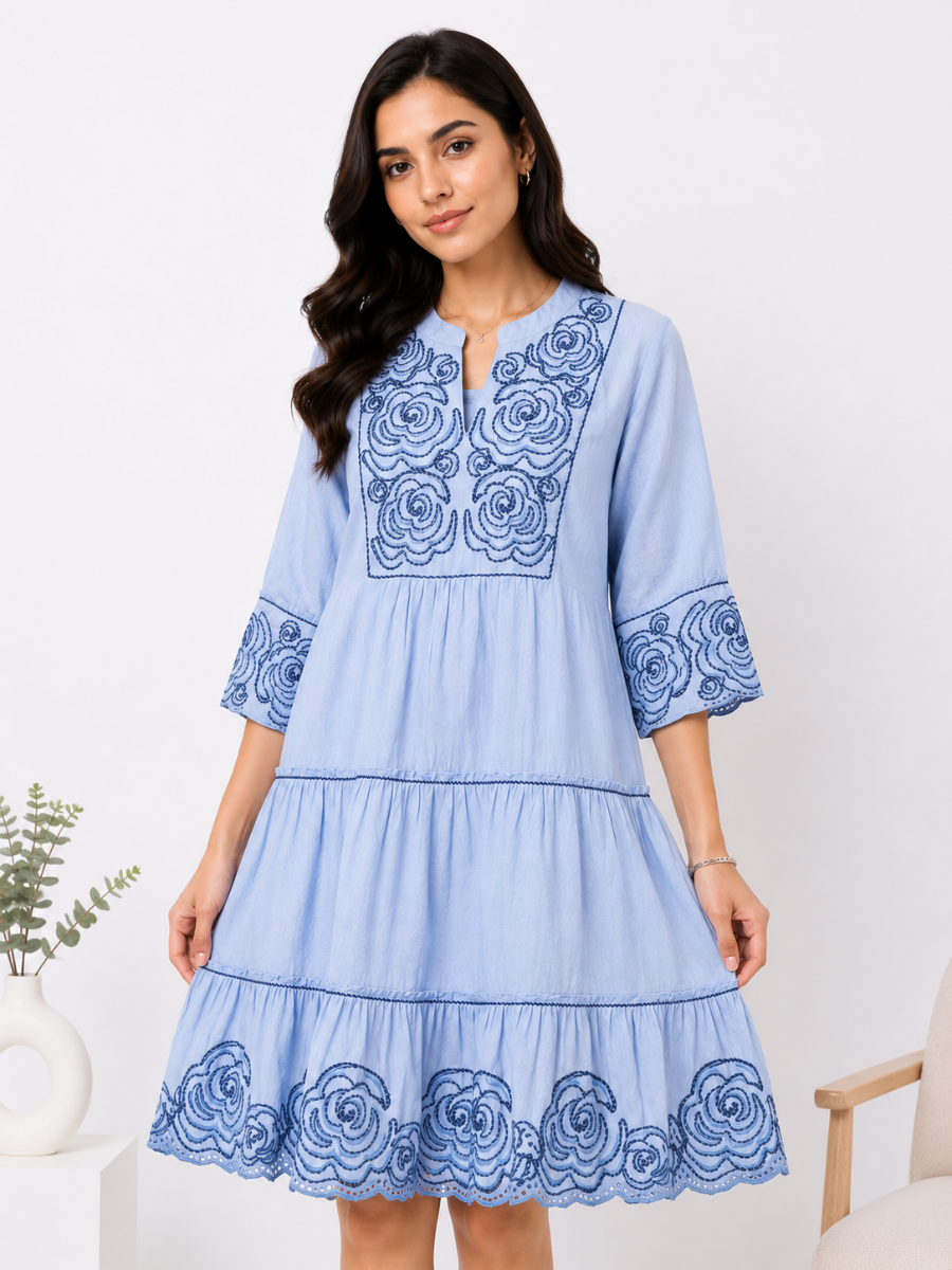 Sky Bloom Embroidered Cotton Dress