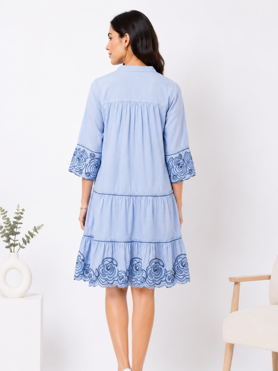 Sky Bloom Embroidered Cotton Dress