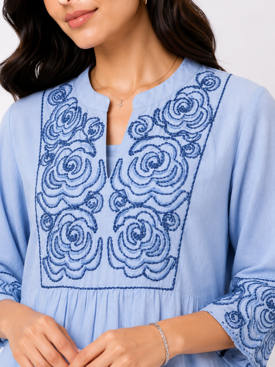 Sky Bloom Embroidered Cotton Dress