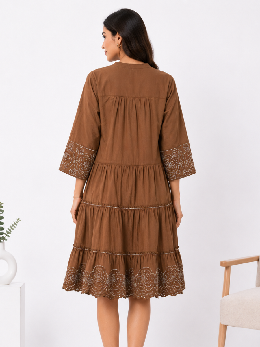 Mocha Rose Embroidered Cotton Dress