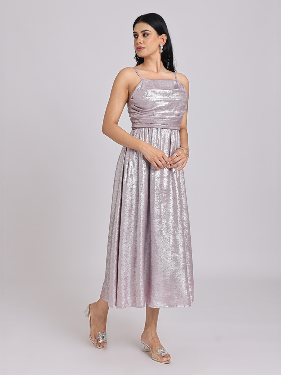 Metallic Lavender Back-Bow Midi Dress