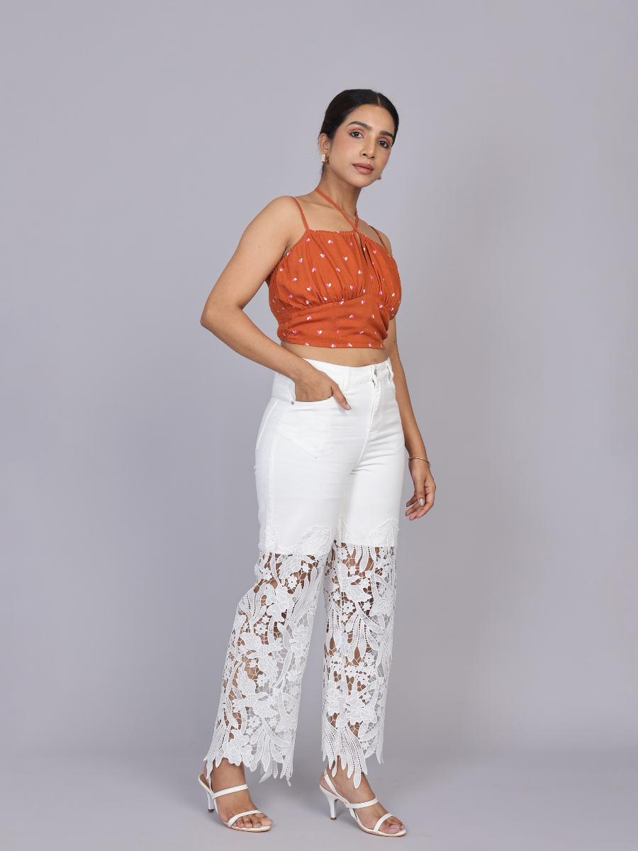 Floral Lace Applique Wide-Leg Jeans