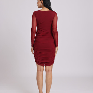Maroon Ruched Mesh-Sleeve Bodycon Dress