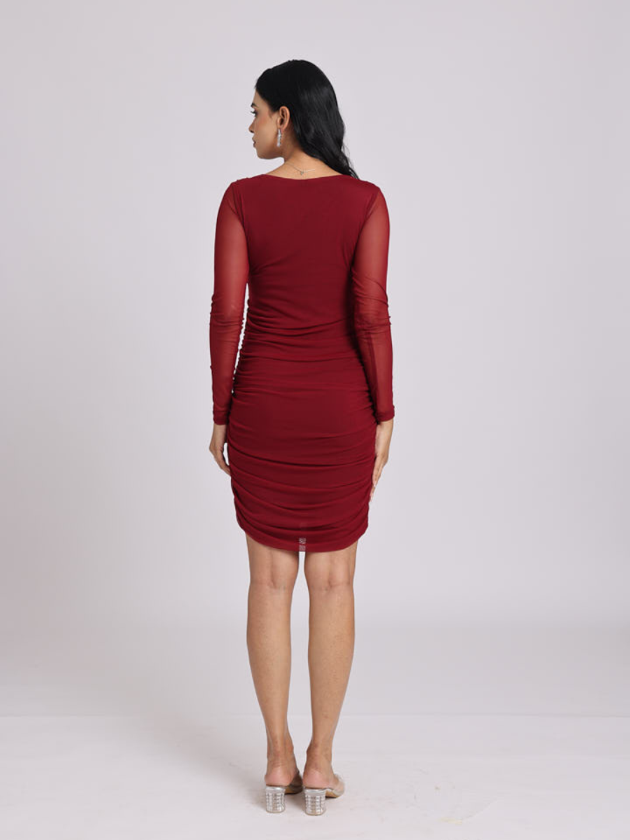 Maroon Ruched Mesh-Sleeve Bodycon Dress