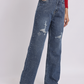 Dark Blue Distressed Rhinestone Wide-Leg Denim Jeans