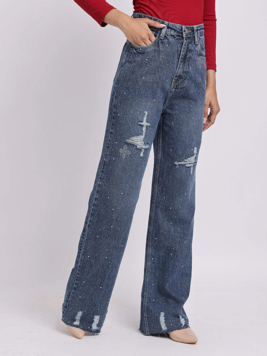 Dark Blue Distressed Rhinestone Wide-Leg Denim Jeans