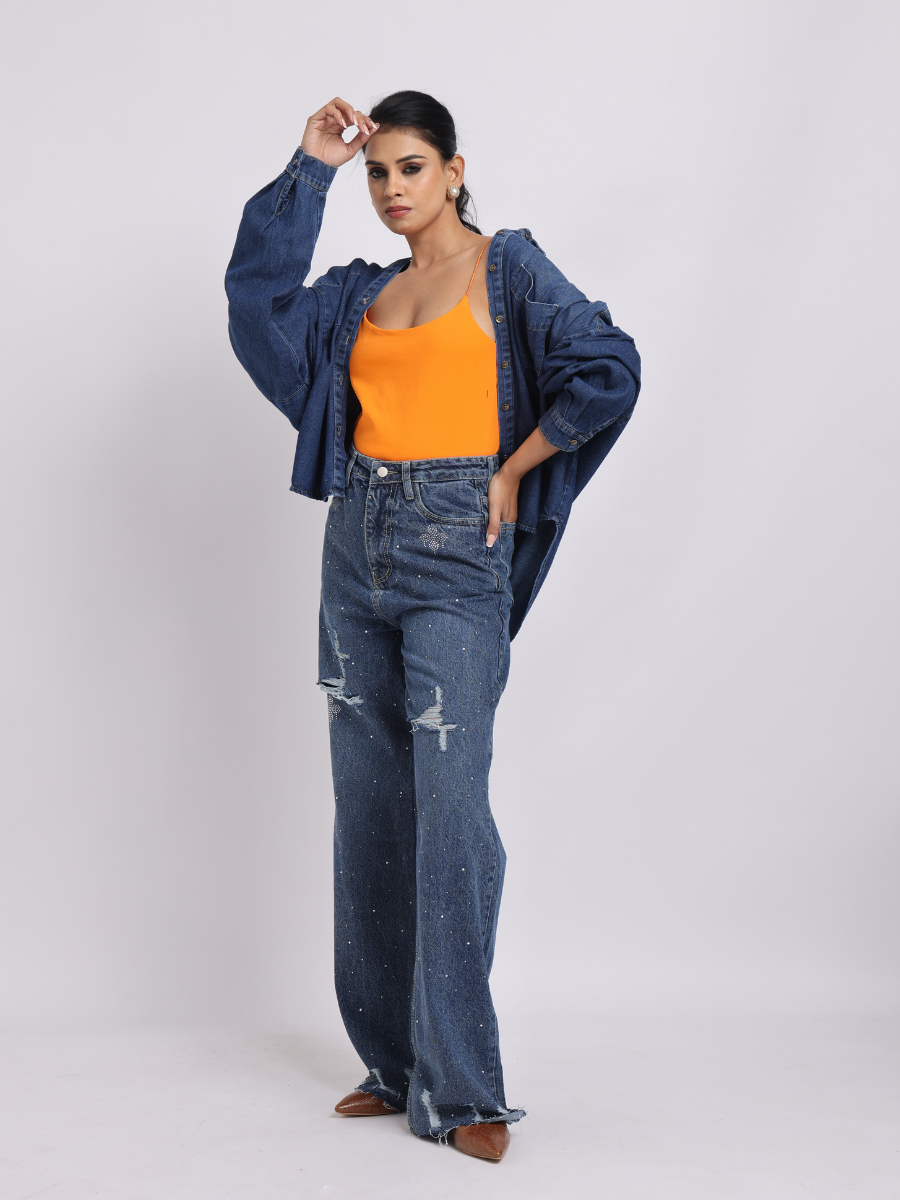 Oversized Dark Blue Denim Shirt with Dropped Shoulder