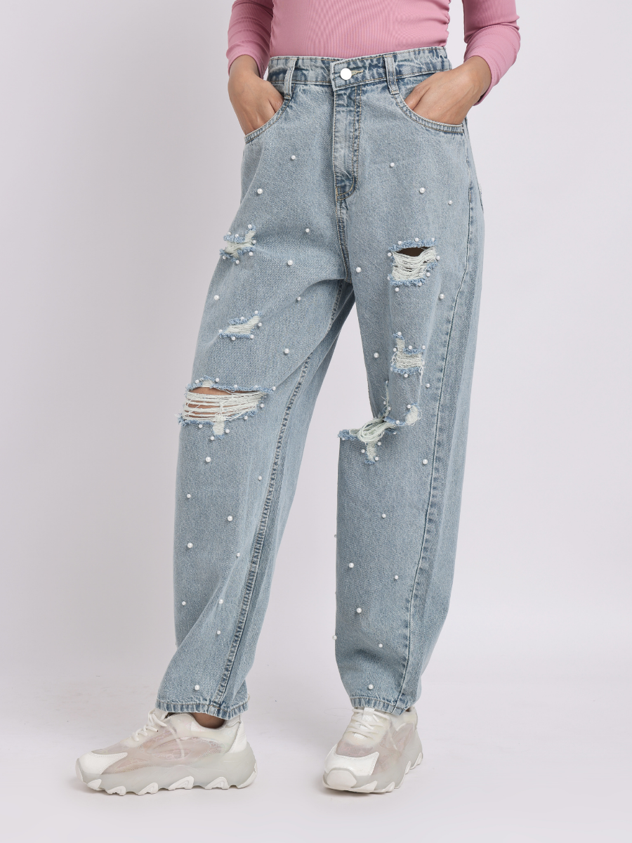 Blue Pearl Embellished Distressed Jeans