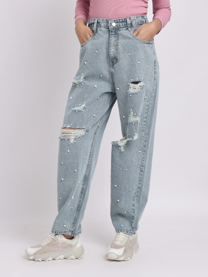 Blue Pearl Embellished Distressed Jeans