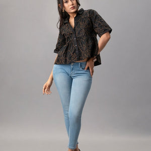 Black Cotton Peplum Shirt with Contrast Floral Embroidery