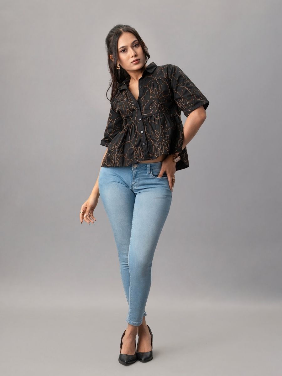 Black Cotton Peplum Shirt with Contrast Floral Embroidery