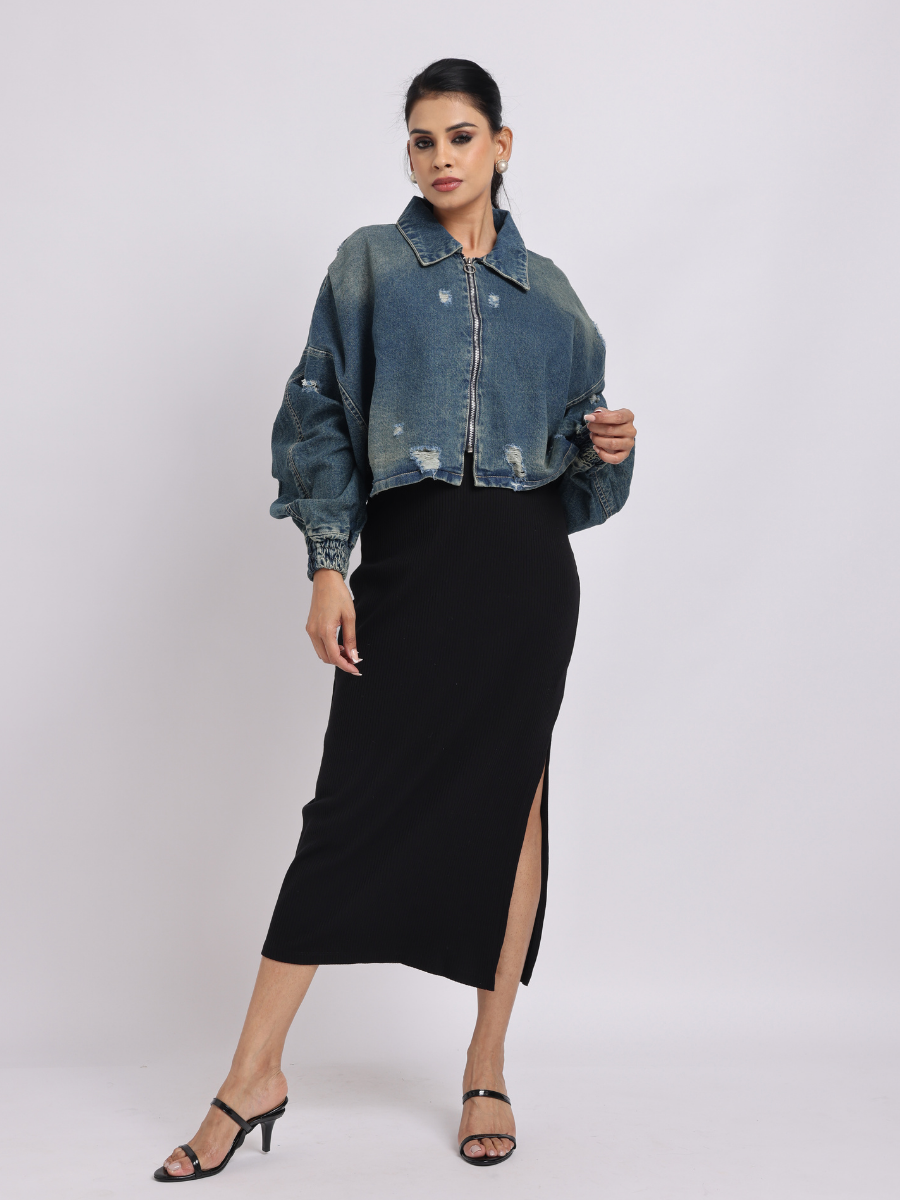 Blue Distressed Denim Jacket with Zip Closure