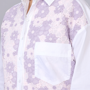 Lilac Lace Patch Cotton Shirt with Drawstring Hem