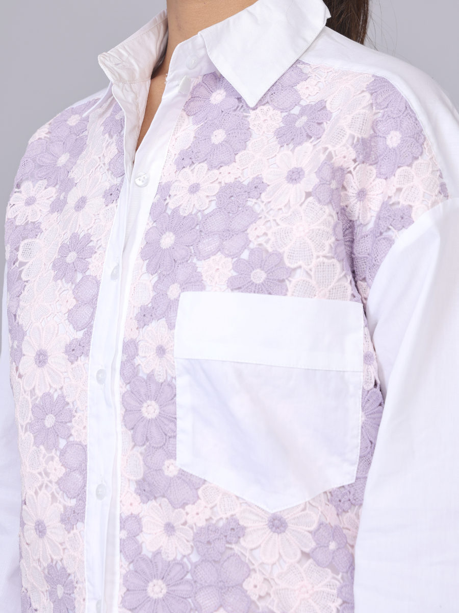Lilac Lace Patch Cotton Shirt with Drawstring Hem