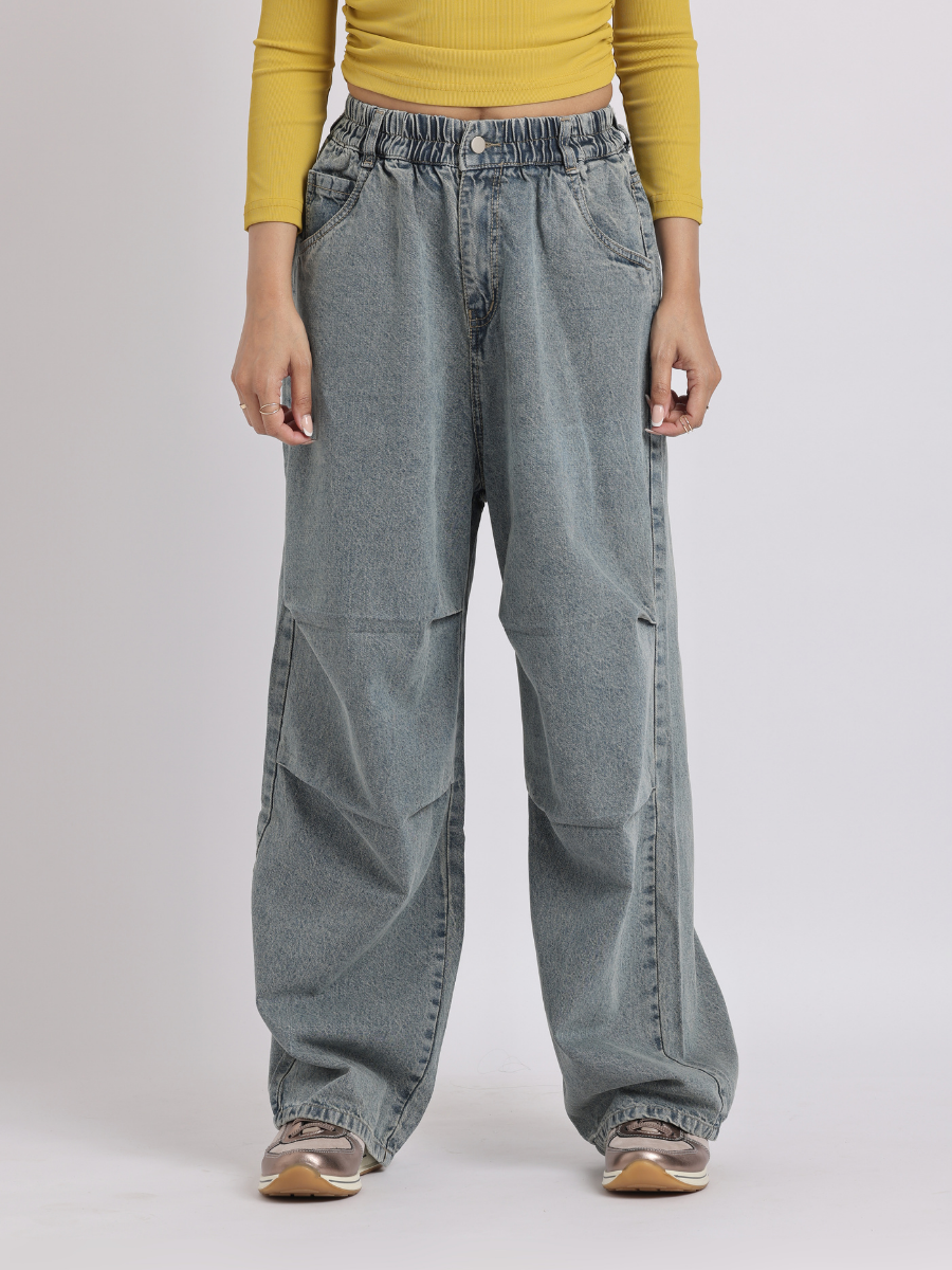 Grey Elastic Waist Wide-Leg Denim Jeans