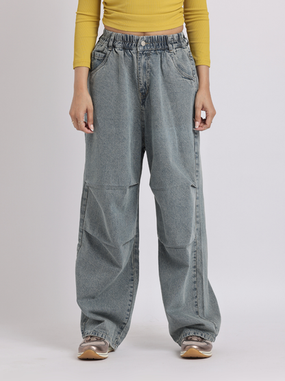 Grey Elastic Waist Wide-Leg Denim Jeans