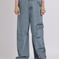 Blue Adjustable Waist Cargo Jeans