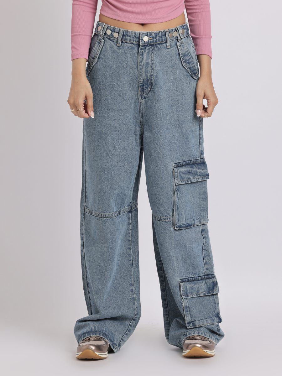 Blue Adjustable Waist Cargo Jeans for Women