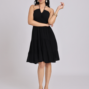 Black Halter-Neck Tiered Midi Dress