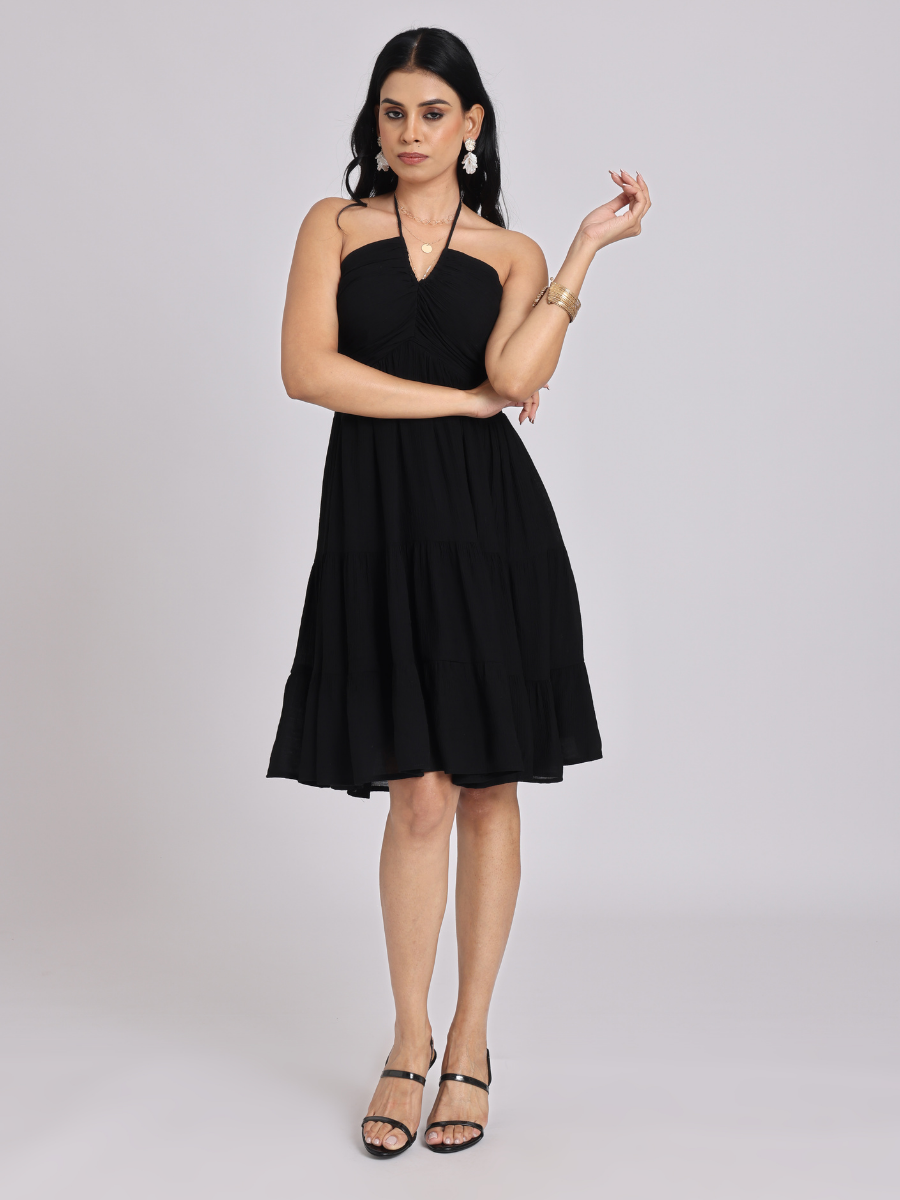 Black Halter-Neck Tiered Midi Dress