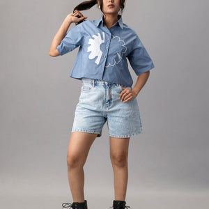 Blue Cropped Shirt with Oversized White Appliqué Flower
