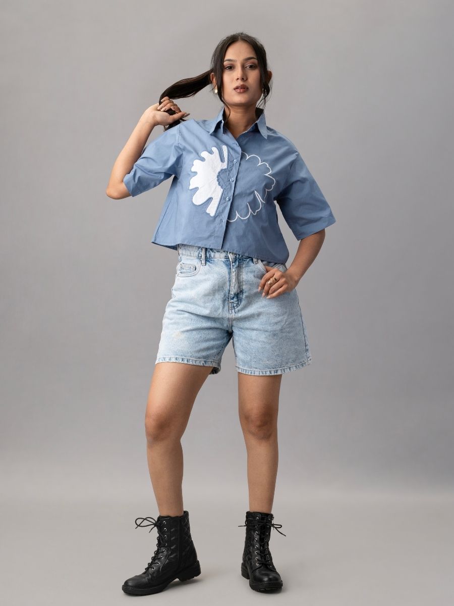 Blue Cropped Shirt with Oversized White Appliqué Flower