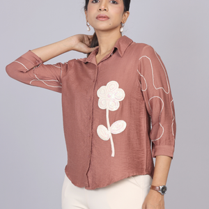 Blush Terra Brown Petal Embroidered Shirt