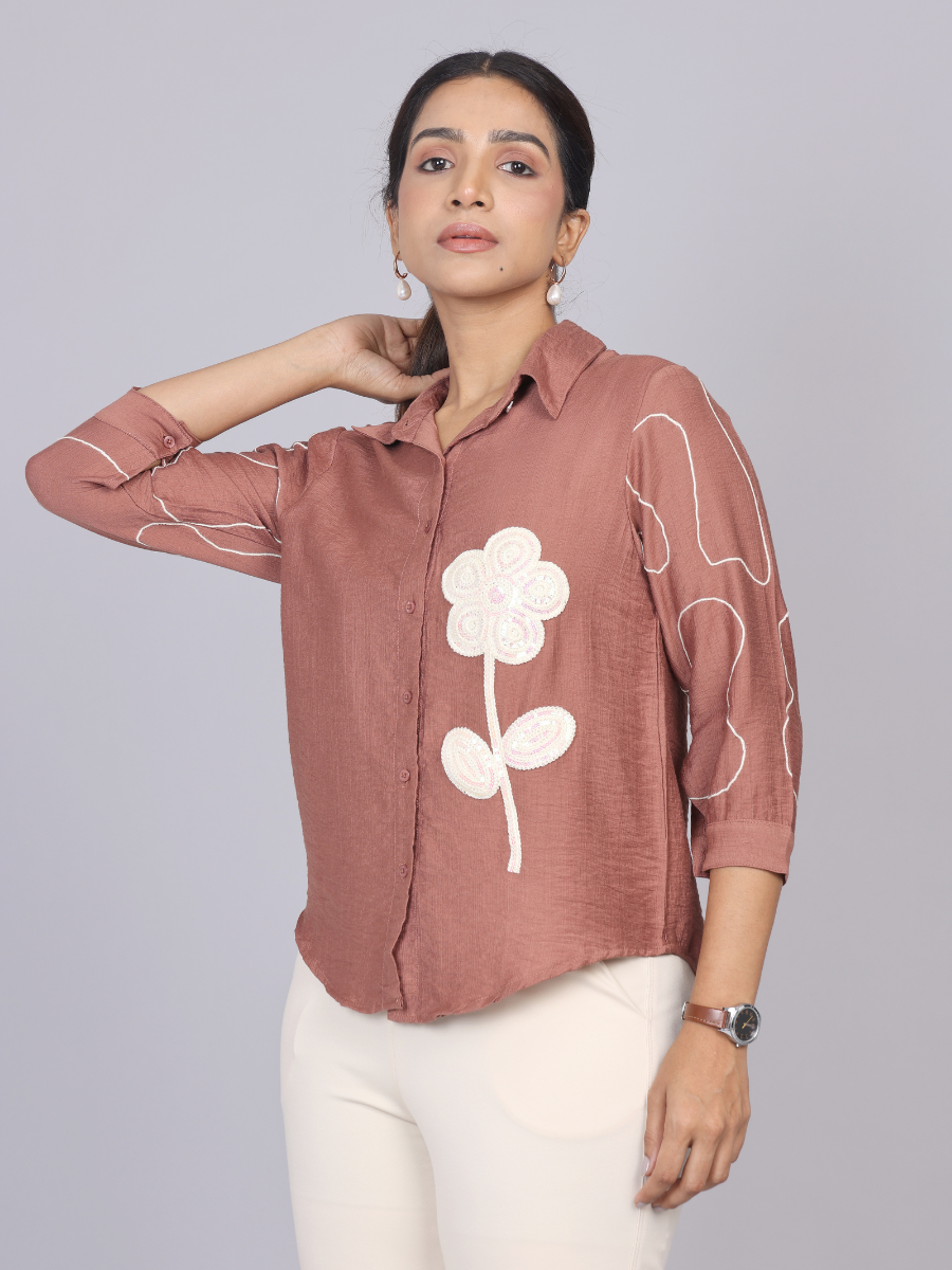 Blush Terra Brown Petal Embroidered Shirt