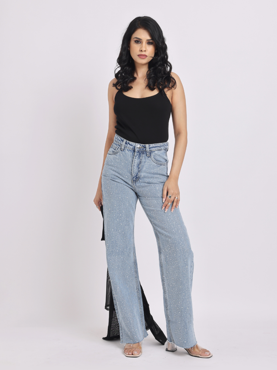 Light Blue Rhinestone Studded Straight-Fit Denim Jeans