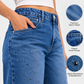 Blue Rhinestone Embellished High Waist Wide Leg Jeans