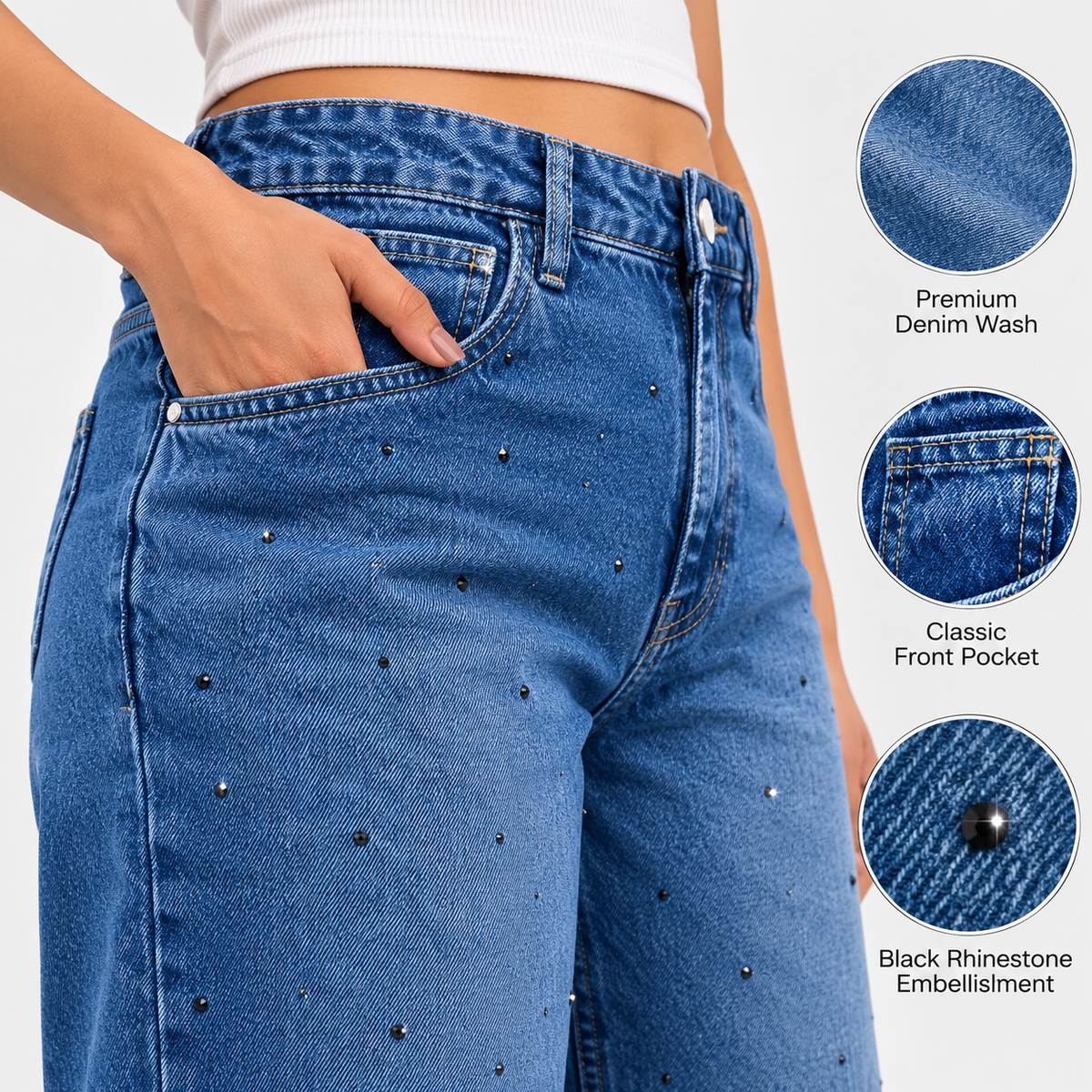 Blue Rhinestone Embellished High Waist Wide Leg Jeans