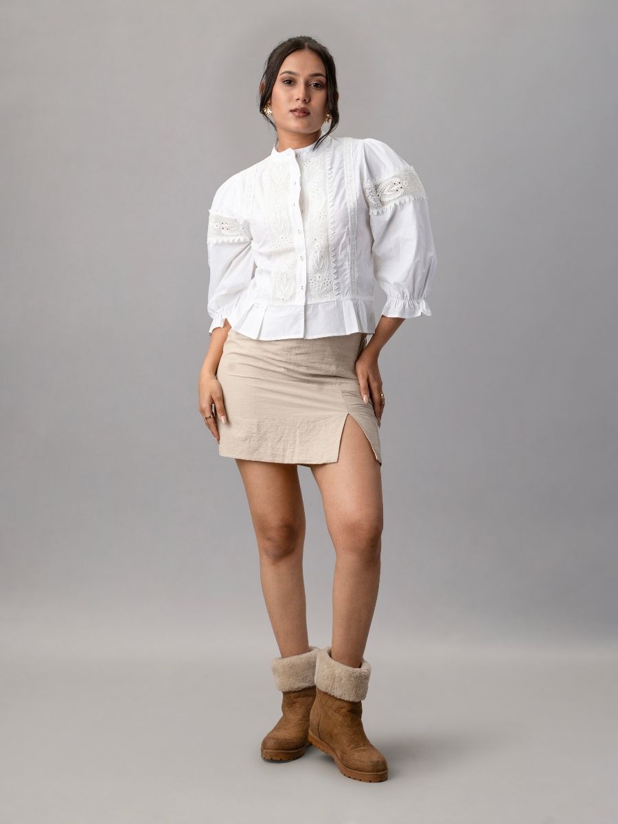 Victorian White Lace Panel Puff Sleeve Blouse